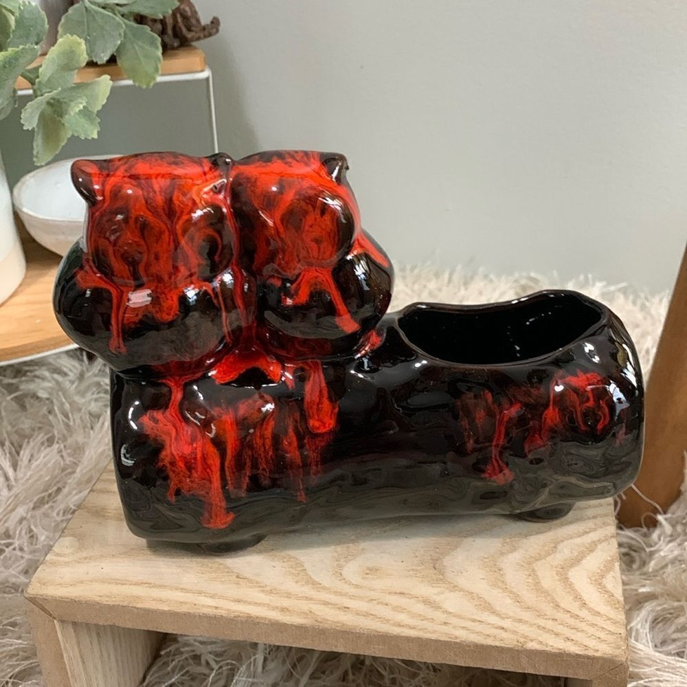 Vintage Small Pottery Drip Glaze Two Owls On A Log Planter
